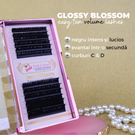 0.07 C Glossy Blossom, extensii gene easy fanning, mega volume lashes, negru usor lucios